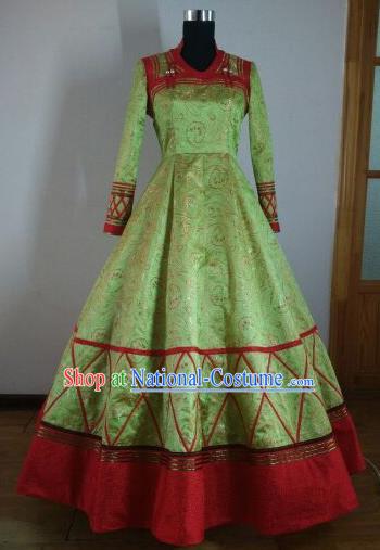 Traditional Chinese Mongol Nationality Wedding Costumes Mongols Female Folk Dance Ethnic Green Dress for Women