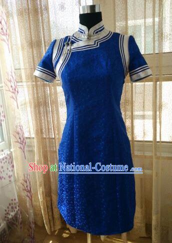 Traditional Chinese Mongol Nationality Costumes Female Folk Dance Ethnic Royalblue Dress for Women