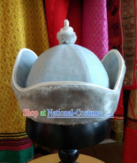 Traditional Chinese Mongol Nationality Folk Dance Hats Mongols Ethnic Blue Hat for Men