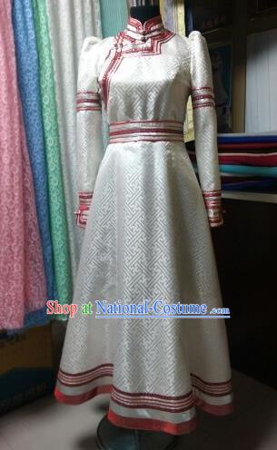 Traditional Chinese Mongol Nationality Costumes Mongolian Ethnic Female Folk Dance White Dress for Women