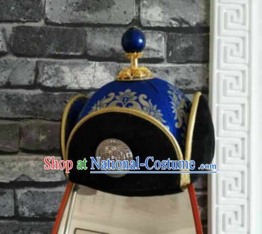 Traditional Chinese Mongol Nationality Hats Mongols Folk Dance Royalblue Hat for Men