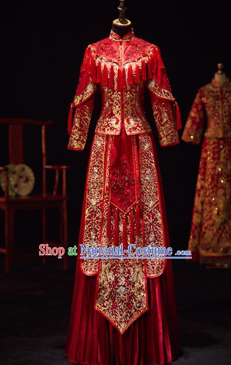 Chinese Traditional Wedding Costumes Ancient Bride Embroidered Xiuhe Suits Red Full Dress for Women