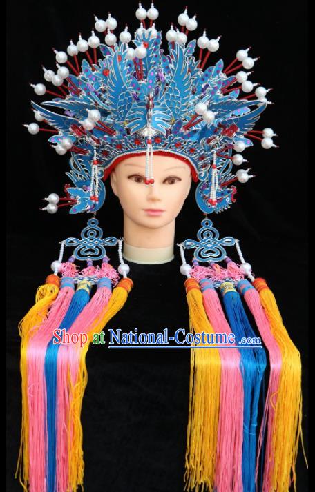 Traditional Chinese Peking Opera Bride Blue Phoenix Coronet Beijing Opera Princess Hats for Women