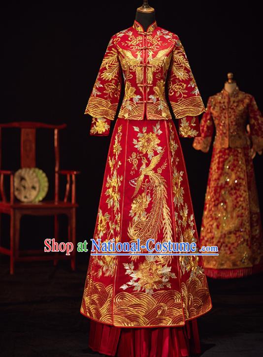 Chinese Traditional Wedding Costumes Ancient Bride Embroidered Phoenix Peony Xiuhe Suits Red Full Dress for Women