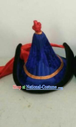 Traditional Chinese Mongol Nationality Hats Mongols Ethnic Royal Highness Royalblue Hat for Men