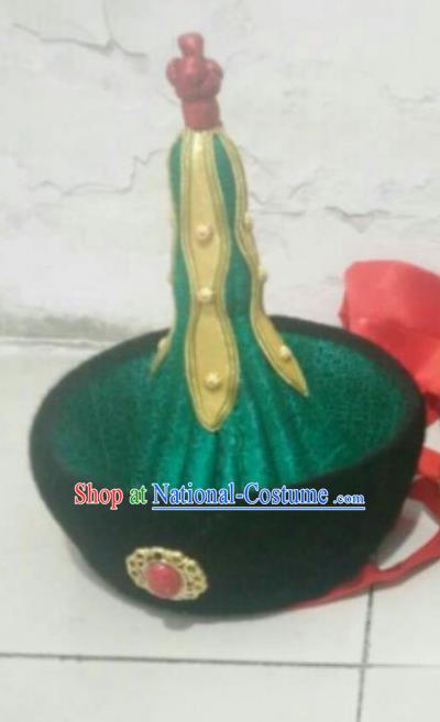 Traditional Chinese Mongol Nationality Hats Mongols Ethnic Royal Highness Green Hat for Men