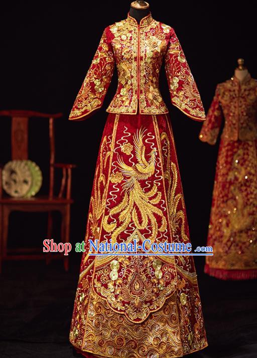 Chinese Traditional Wedding Costumes Ancient Bride Embroidered Phoenix Xiuhe Suits Red Full Dress for Women