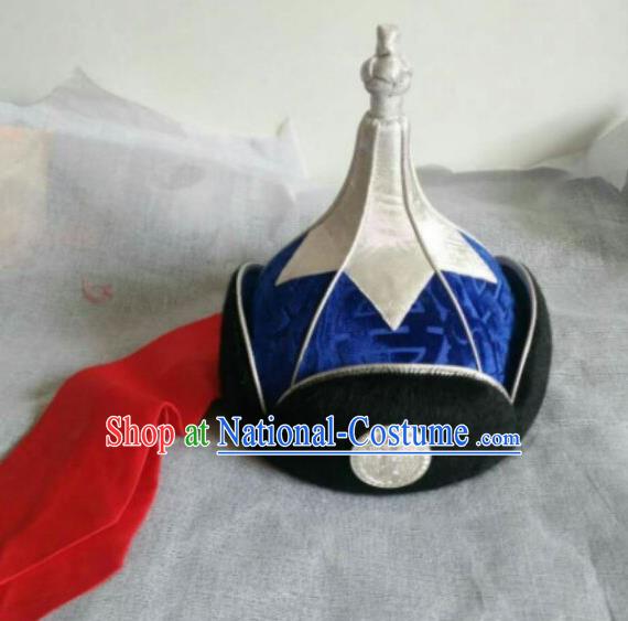 Traditional Chinese Mongol Nationality Folk Dance Hats Mongols Ethnic Royal Highness Blue Hat for Men