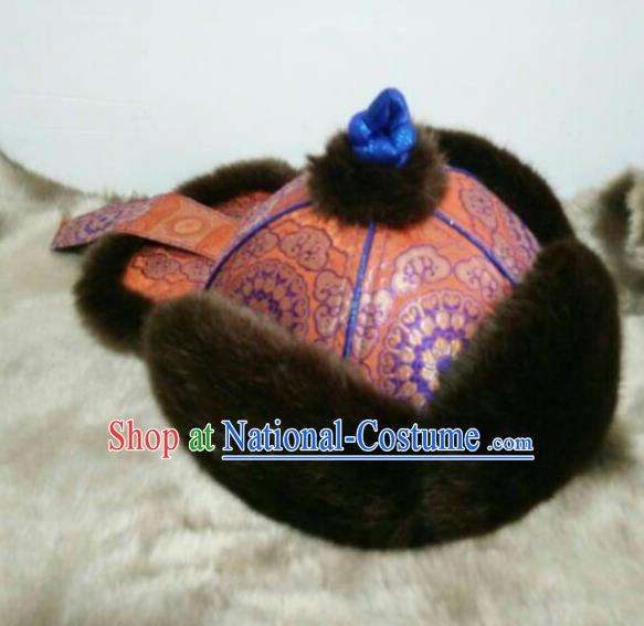 Traditional Chinese Mongol Nationality Folk Dance Hats Mongols Ethnic Royal Highness Orange Hat for Men