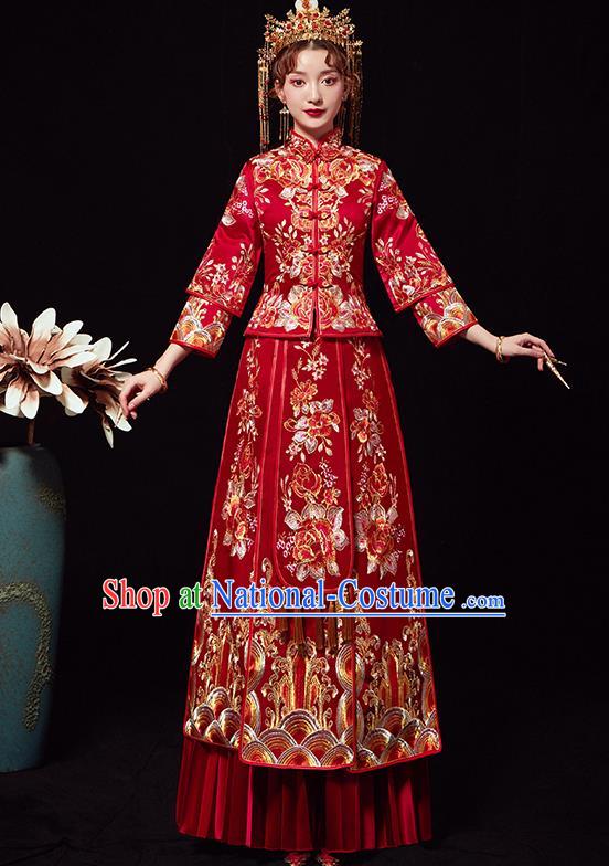 Chinese Traditional Wedding Costumes Ancient Bride Embroidered Peony Red Xiuhe Suits Full Dress for Women