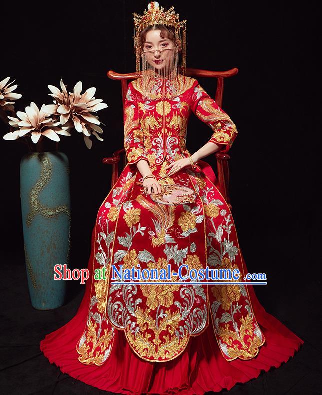 Chinese Traditional Wedding Costumes Ancient Bride Embroidered Xiuhe Suits Red Full Dress for Women