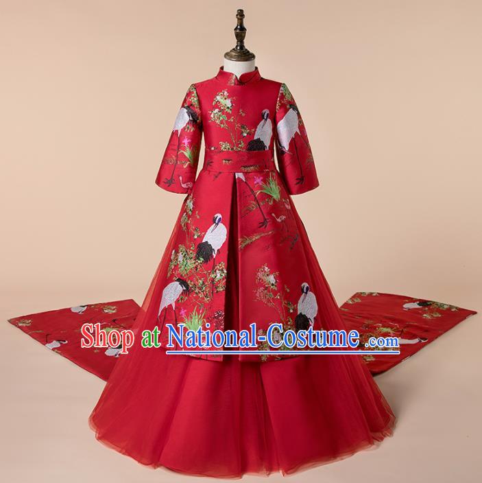 Children Catwalks Costume Chinese Girls Compere Modern Dance Red Cheongsam Full Dress for Kids