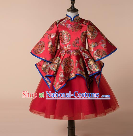 Children Catwalks Costume Chinese Girls Compere Modern Dance Red Satin Cheongsam Full Dress for Kids