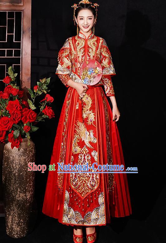 Chinese Traditional Wedding Costumes Embroidered Phoenix Xiuhe Suits Ancient Bride Red Full Dress for Women