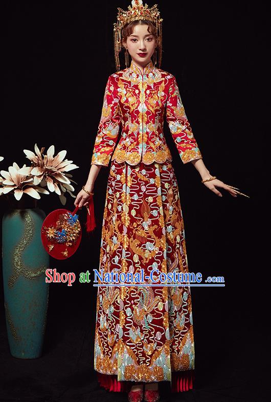 Chinese Traditional Wedding Costumes Embroidered Xiuhe Suits Ancient Bride Red Full Dress for Women