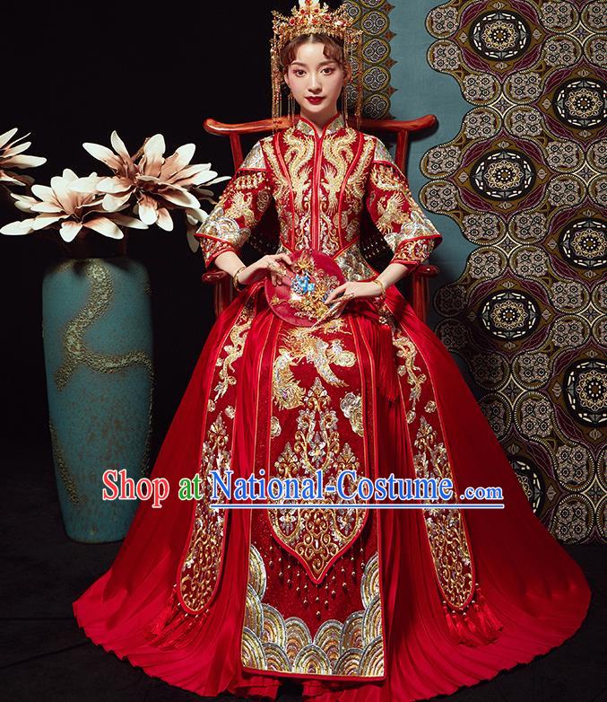 Chinese Traditional Wedding Costumes Bride Embroidered Xiuhe Suits Ancient Red Full Dress for Women