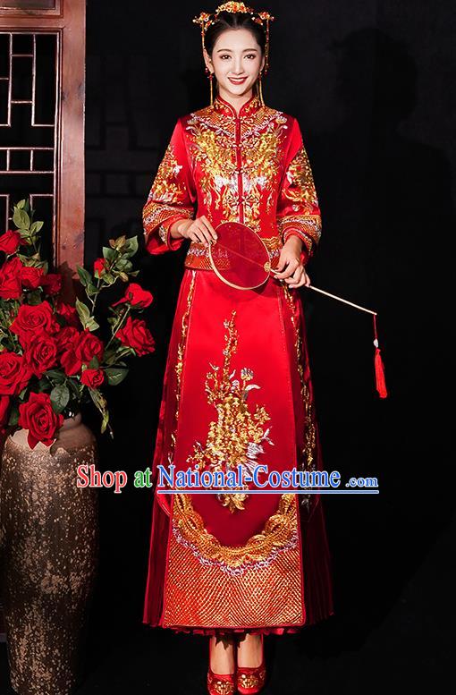 Chinese Traditional Wedding Costumes Bride Embroidered Red Xiuhe Suits Ancient Full Dress for Women