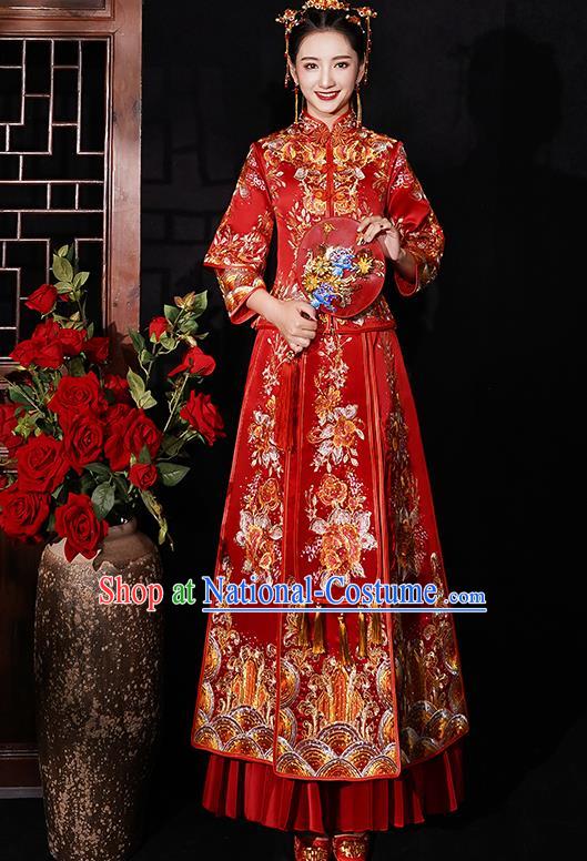 Chinese Traditional Wedding Costumes Bride Embroidered Peony Red Xiuhe Suits Ancient Full Dress for Women