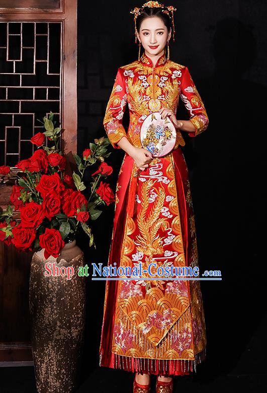 Chinese Traditional Wedding Costumes Bride Embroidered Phoenix Peony Red Xiuhe Suits Ancient Full Dress for Women