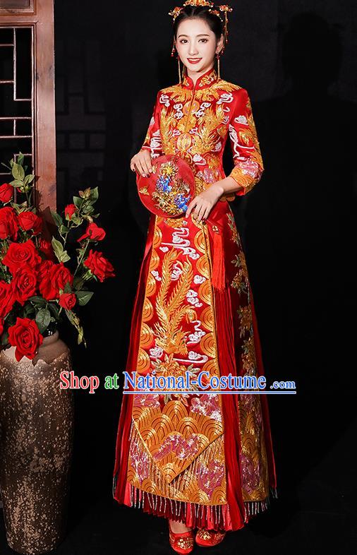 Chinese Traditional Wedding Costumes Bride Embroidered Phoenix Peony Red Xiuhe Suits Ancient Full Dress for Women