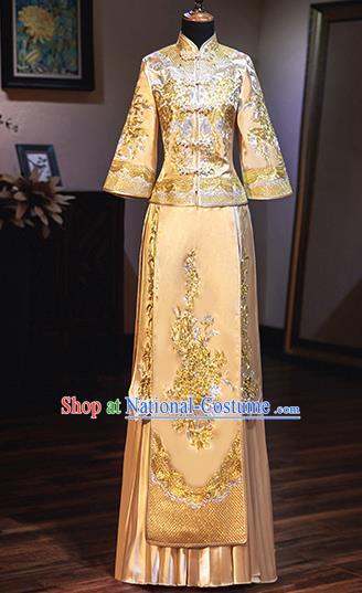 Chinese Traditional Wedding Costumes Bride Embroidered Peony Golden Xiuhe Suits Ancient Full Dress for Women