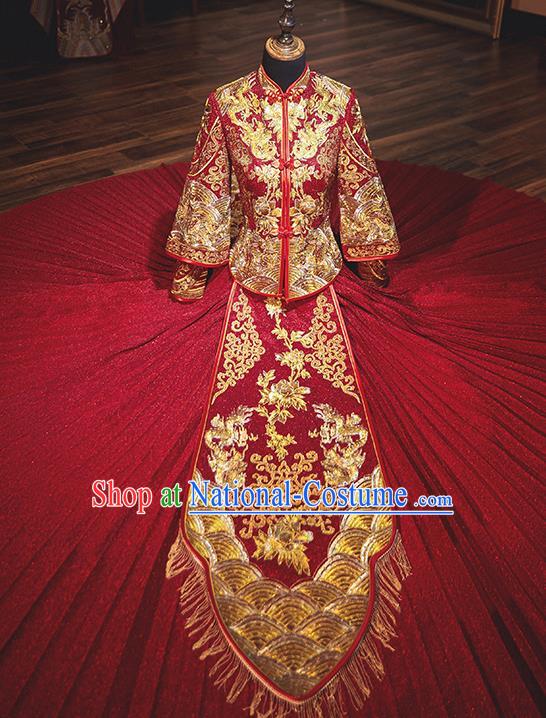 Chinese Traditional Wedding Costumes Bride Embroidered Red Xiuhe Suits Ancient Full Dress for Women