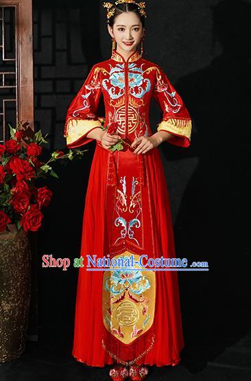 Chinese Traditional Wedding Costumes Bride Toast Xiuhe Suits Ancient Embroidered Lotus Full Dress for Women