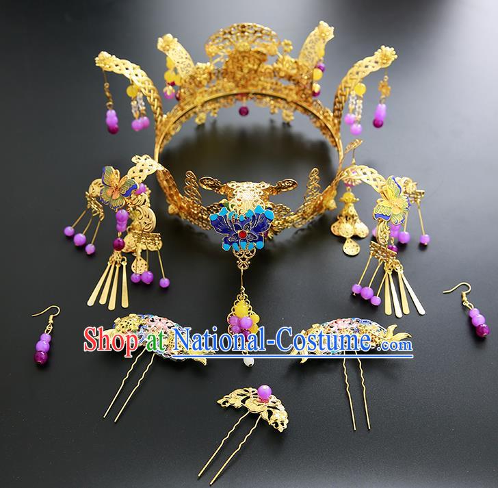 Chinese Ancient Traditional Hanfu Hairpins Blueing Phoenix Coronet Handmade Classical Hair Accessories Complete Set for Women