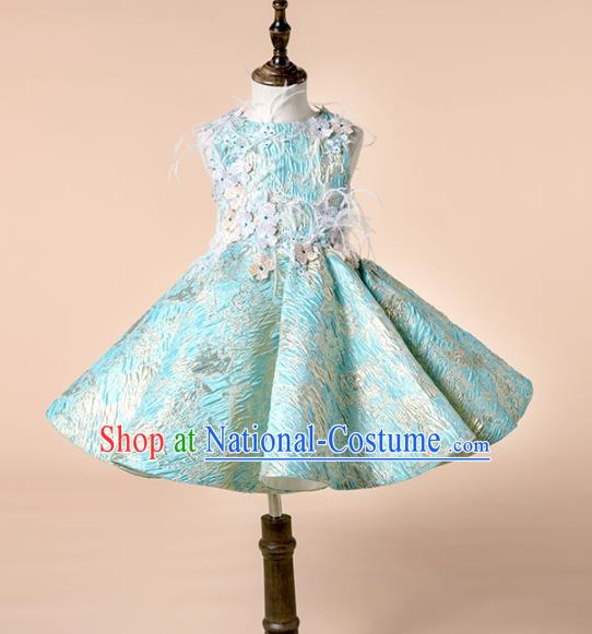 Children Catwalks Costume Girls Compere Modern Dance Blue Bubble Full Dress for Kids