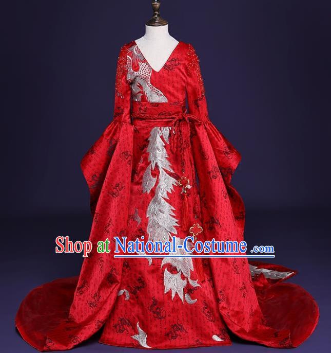 Chinese Children Catwalks Costume Girls Compere Modern Dance Red Trailing Full Dress for Kids