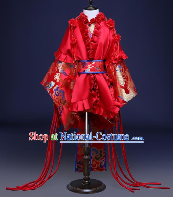 Chinese Children Catwalks Costume Girls Compere Modern Dance Red Full Dress for Kids