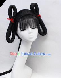 Chinese Ancient Cosplay Swordswoman Wigs Traditional Young Lady Chignon Handmade Wig Sheath