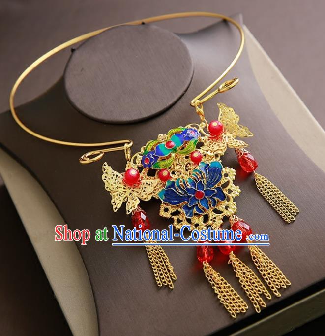 Chinese Ancient Handmade Blueing Chrysanthemum Necklace Traditional Classical Hanfu Jewelry Accessories for Women