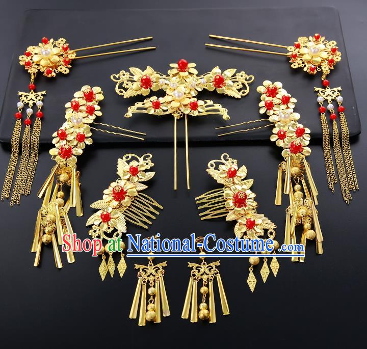 Chinese Ancient Traditional Hanfu Golden Hair Combs Hairpins Handmade Bride Classical Hair Accessories for Women