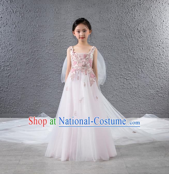 Children Stage Performance Catwalks Costume Compere Princess Pink Veil Trailing Full Dress for Girls Kids