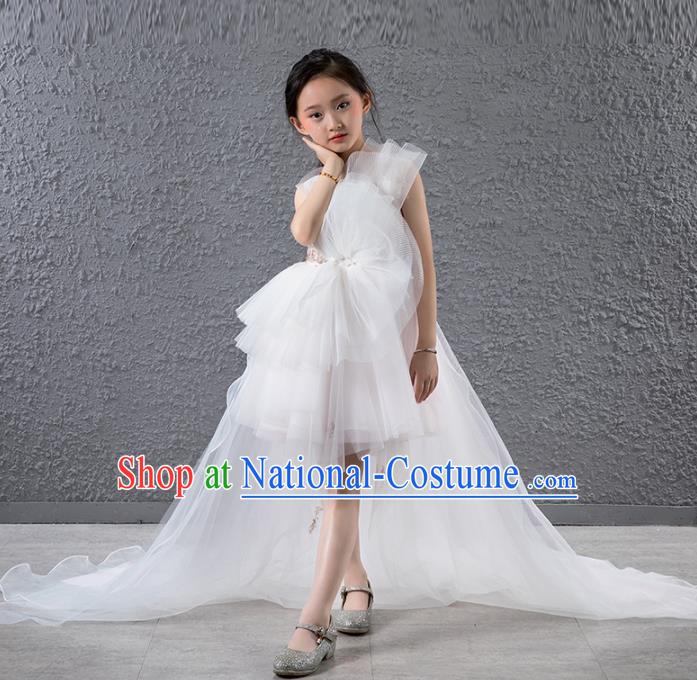 Children Stage Performance Catwalks Costume Compere Princess White Veil Trailing Full Dress for Girls Kids