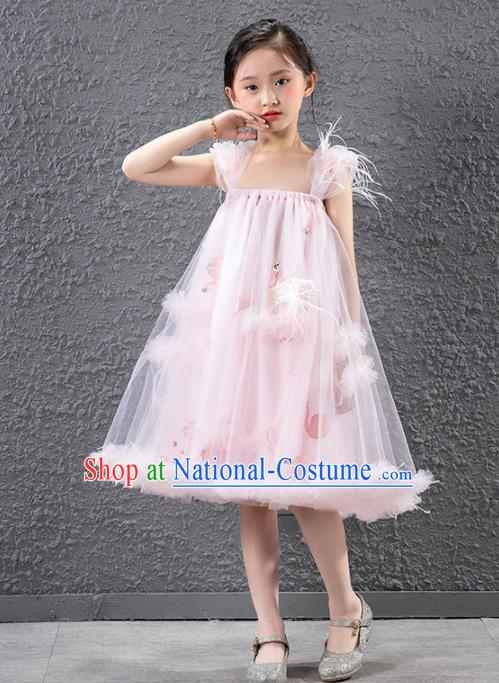 Children Stage Performance Catwalks Costume Compere Feather Full Dress for Girls Kids