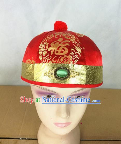 Traditional Chinese Beijing Opera Hat Ancient Qing Dynasty Prince Red Hat for Men