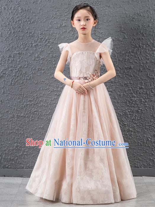 Children Catwalks Stage Performance Costume Compere Princess Pink Full Dress for Girls Kids