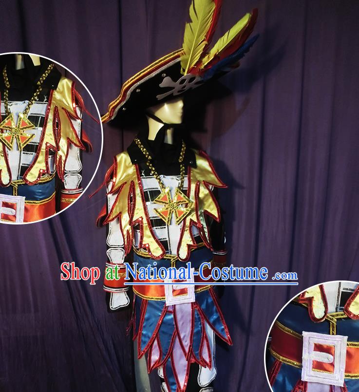 Halloween Cosplay Pirate Stage Show Costumes Brazilian Carnival Parade Clothing and Hat for Men