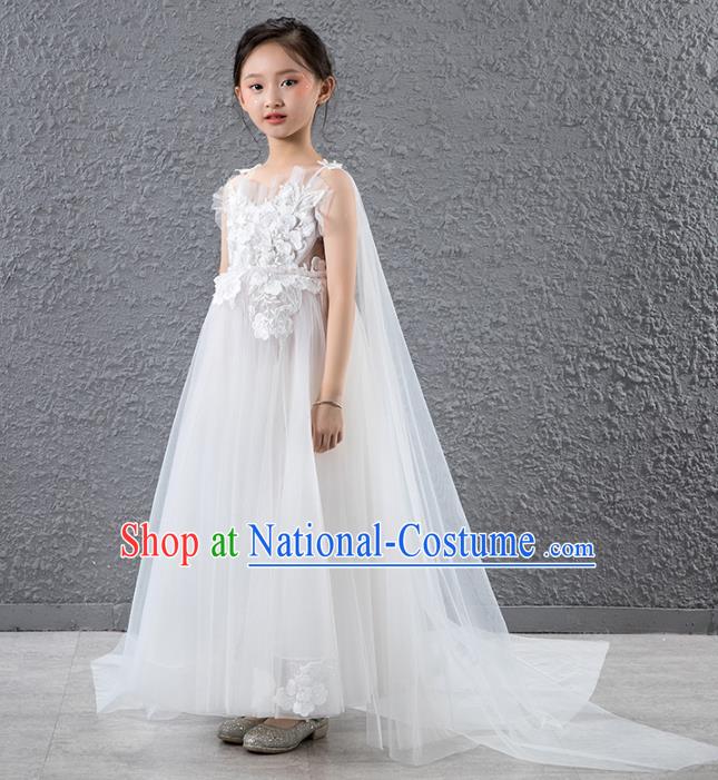 Children Catwalks Stage Performance Costume Compere Princess White Veil Full Dress for Girls Kids