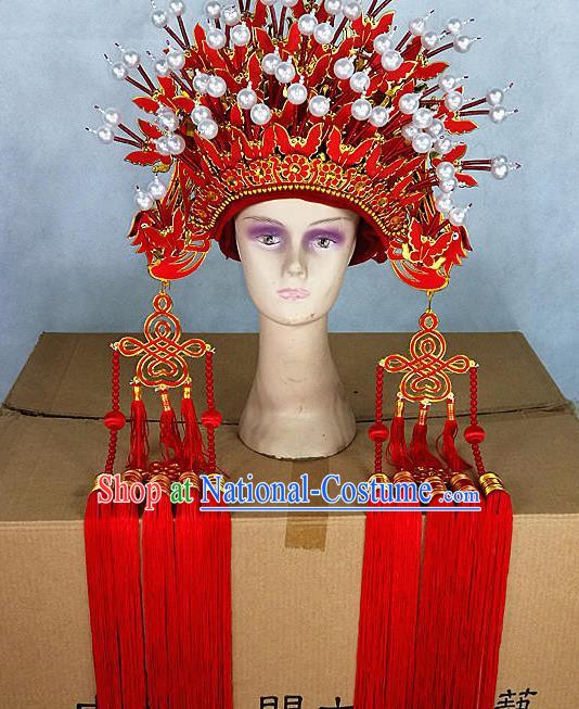 Chinese Traditional Peking Opera Red Butterfly Phoenix Coronet Beijing Opera Diva Chaplet Hats for Women