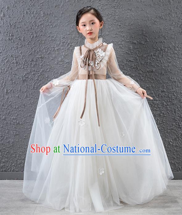 Children Catwalks Stage Performance Costume Compere White Veil Full Dress for Girls Kids