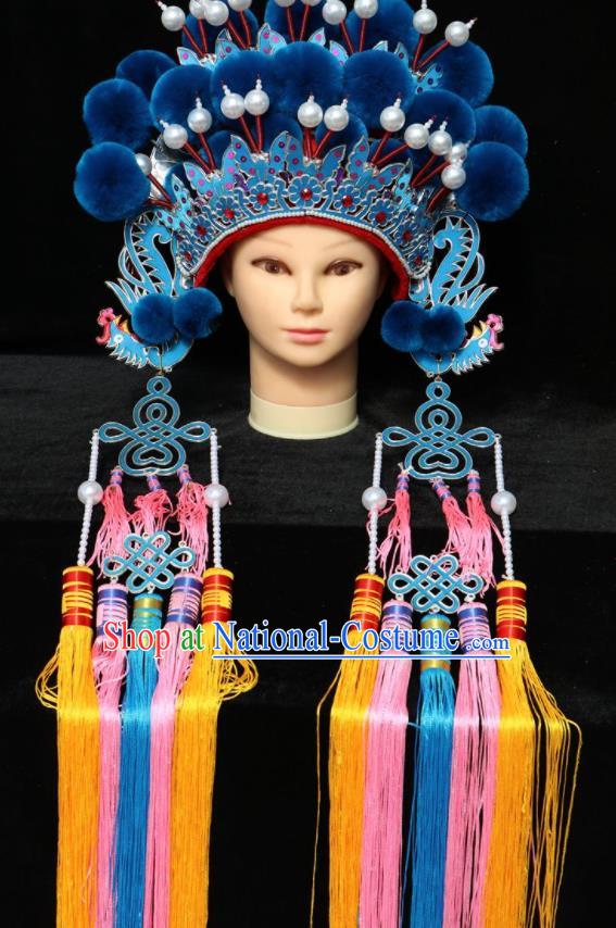 Chinese Traditional Peking Opera Phoenix Coronet Beijing Opera Diva Royalblue Venonat Headwear for Women