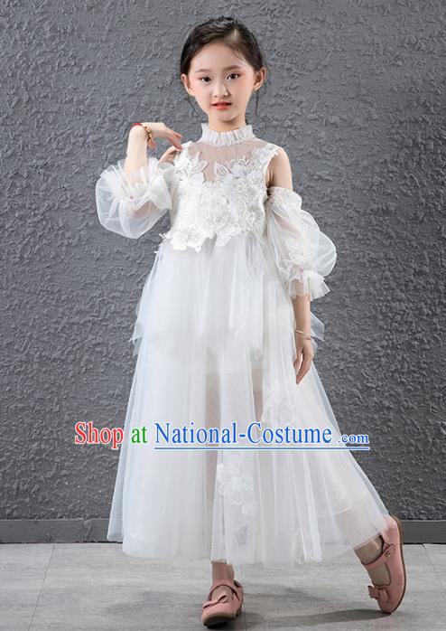 Children Catwalks Flowers Fairy Stage Performance Costume Compere White Veil Full Dress for Girls Kids