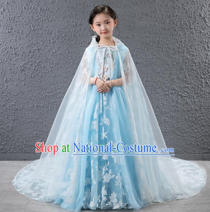 Children Catwalks Princess Costume Compere Stage Performance Blue Trailing Full Dress for Girls Kids