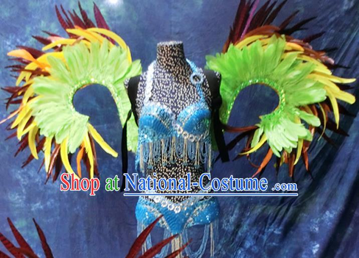 Halloween Stage Show Feather Costumes Brazilian Carnival Parade Blue Swimsuit and Wings for Women