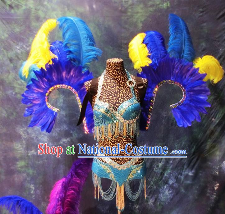 Halloween Stage Show Blue Feather Costumes Brazilian Carnival Parade Swimsuit and Wings for Women