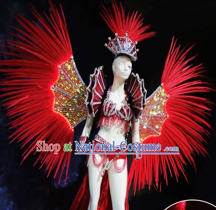 Halloween Stage Show Red Feather Samba Costumes Brazilian Carnival Parade Swimsuit and Wings for Women