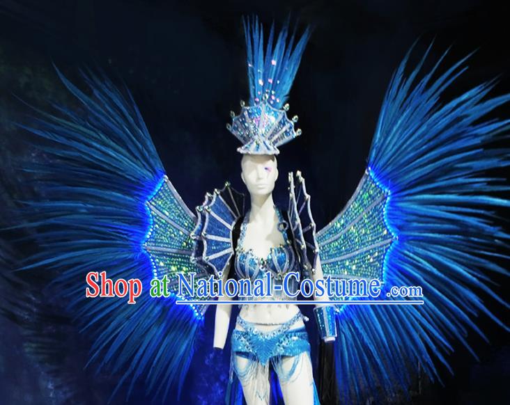 Halloween Stage Show Blue Feather Samba Costumes Brazilian Carnival Parade Swimsuit and Wings for Women